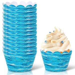 whaline 48pcs ocean wave cupcake wrappers blue sea waves cupcake liners summer ocean paper baking cup cupcake holders for birthday summer ocean theme party cake decorations