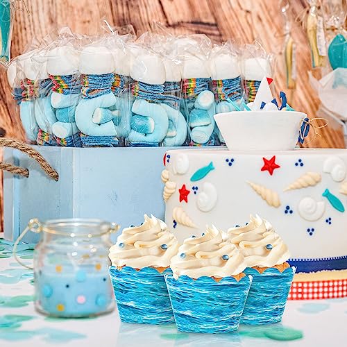 Whaline 48Pcs Ocean Wave Cupcake Wrappers Blue Sea Waves Cupcake Liners Summer Ocean Paper Baking Cup Cupcake Holders for Birthday Summer Ocean Theme Party Cake Decorations