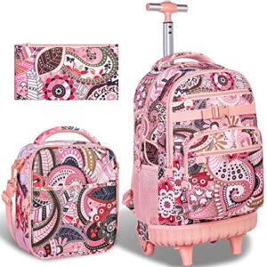 agsdon rolling backpack for girls, women roller wheels bookbag, laptop wheeled school bag with wheels for teens - pink 01