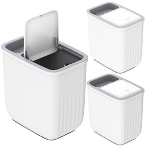 runsand 3 pack small bathroom trash can with pop-up lid, 1.8gal slim trash bin with storage grid lid, 7l garbage can waste basket for bedroom, laundry room, office, dorms with white-gray colors