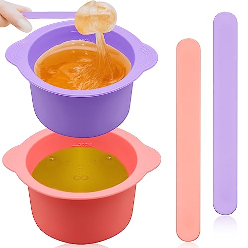 2Pcs Silicone Wax Warmer Liner, Silicone Wax Bowl for Wax Warmer, Non-Stick Wax Melt Warmer Wax Pot Replacement, Reusable Wax Melt Liner with 2 Pcs Wax Spatula Sticks for Hair Removal (Purple, Pink)