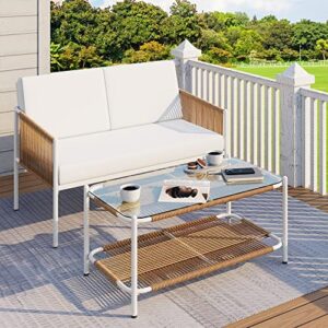 jamfly patio furniture 2 piece wicker set, outdoor patio furniture rattan conversation set, all weather patio set loveseat sofa for backyard, balcony, porch with soft cushions and glass table