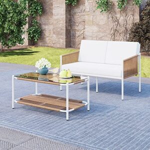 JAMFLY Patio Furniture 2 Piece Wicker Set, Outdoor Patio Furniture Rattan Conversation Set, All Weather Patio Set Loveseat Sofa for Backyard, Balcony, Porch with Soft Cushions and Glass Table