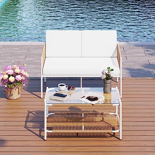 JAMFLY Patio Furniture 2 Piece Wicker Set, Outdoor Patio Furniture Rattan Conversation Set, All Weather Patio Set Loveseat Sofa for Backyard, Balcony, Porch with Soft Cushions and Glass Table
