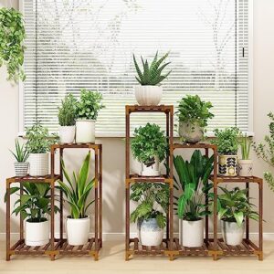 homkirt plant stand indoor outdoor, 11 tier corner plant shelf with upgraded space for tall plants large wooden plant rack holder ladder plant organizer for patio porch garden living room
