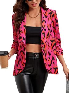 verdusa women's leopard print ruched 3/4 sleeve shawl collar blazer jacket hot pink l