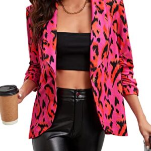 Verdusa Women's Leopard Print Ruched 3/4 Sleeve Shawl Collar Blazer Jacket Hot Pink L