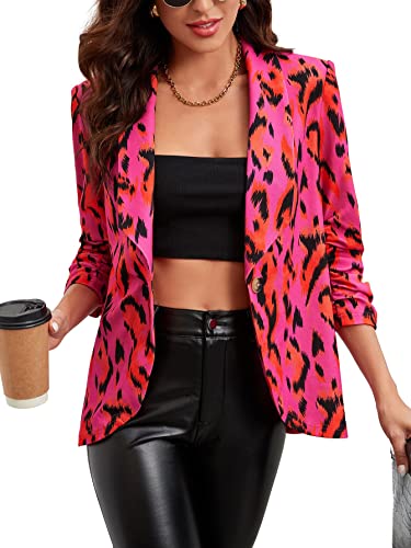 Verdusa Women's Leopard Print Ruched 3/4 Sleeve Shawl Collar Blazer Jacket Hot Pink L