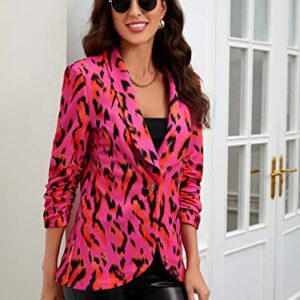 Verdusa Women's Leopard Print Ruched 3/4 Sleeve Shawl Collar Blazer Jacket Hot Pink L