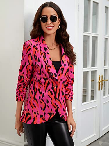 Verdusa Women's Leopard Print Ruched 3/4 Sleeve Shawl Collar Blazer Jacket Hot Pink L