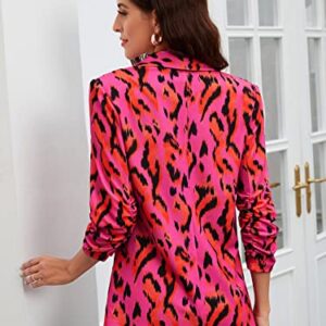 Verdusa Women's Leopard Print Ruched 3/4 Sleeve Shawl Collar Blazer Jacket Hot Pink L