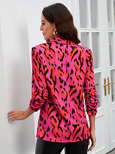 Verdusa Women's Leopard Print Ruched 3/4 Sleeve Shawl Collar Blazer Jacket Hot Pink L