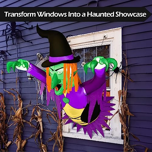 3.5 Ft Halloween Inflatables Scary Witch Broke Out from Window, Outdoor Halloween Decorations with Build-in LED Lights Blow Up Inflatables for Window, Outside, Party, Indoor, Home Decoration