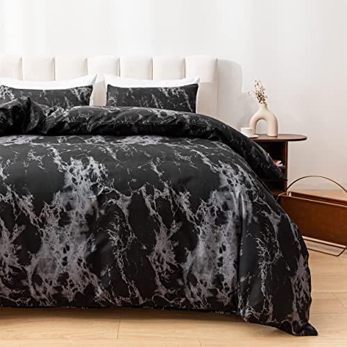 Smoofy California King Marble Black Comforter Set, Black Bed Set, Soft Fabric with Brushed Microfiber Cal King Bed Sheets Fill Bedding Comforter Sets(1 Comforter, 2 Pillowcases)