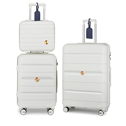 Somago 3 Pieces Luggage Set(14/20/24) PP Lightweight 4 Double 360 Degrees Mute Spinner Wheels Suitcase with TSA Lock & YKK Zipper (Creamy White)