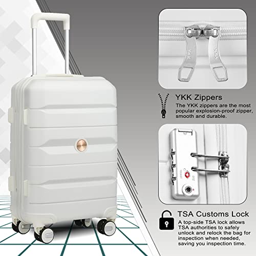 Somago 3 Pieces Luggage Set(14/20/24) PP Lightweight 4 Double 360 Degrees Mute Spinner Wheels Suitcase with TSA Lock & YKK Zipper (Creamy White)