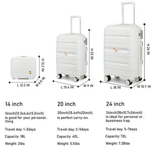 Somago 3 Pieces Luggage Set(14/20/24) PP Lightweight 4 Double 360 Degrees Mute Spinner Wheels Suitcase with TSA Lock & YKK Zipper (Creamy White)