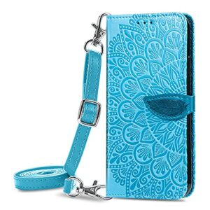 onv wallet case for oppo realme c11-1.5m adjustable strap emboss feather flip phone case card slot magnet leather shell flip stand cover for oppo realme c11 [mzy] -blue