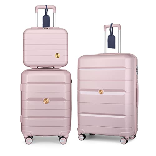 Somago 3 Pieces Luggage Set(14/20/24) PP Lightweight 4 Double 360 Degrees Mute Spinner Wheels Suitcase with TSA Lock & YKK Zipper (Rose Pink)