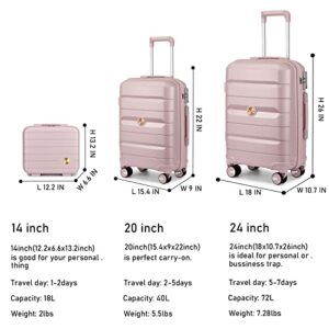 Somago 3 Pieces Luggage Set(14/20/24) PP Lightweight 4 Double 360 Degrees Mute Spinner Wheels Suitcase with TSA Lock & YKK Zipper (Rose Pink)