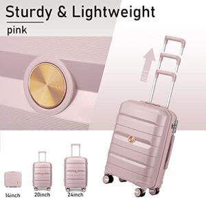 Somago 3 Pieces Luggage Set(14/20/24) PP Lightweight 4 Double 360 Degrees Mute Spinner Wheels Suitcase with TSA Lock & YKK Zipper (Rose Pink)