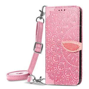 onv wallet case for oppo a57 5g 2022-1.5m adjustable strap emboss feather flip phone case card slot magnet leather shell flip stand cover for oppo a57 5g 2022 [mzy] -pink