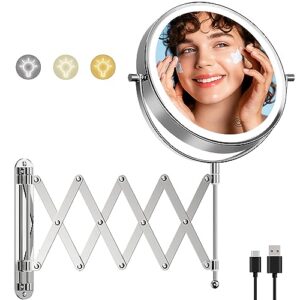 rechargeable wall mounted lighted makeup mirror, 1x/10x magnifying mirror with 3 light settings, 8 inch 360° swivel extendable bathroom mirror, double sided telescoping mesh vanity mirror - chrome