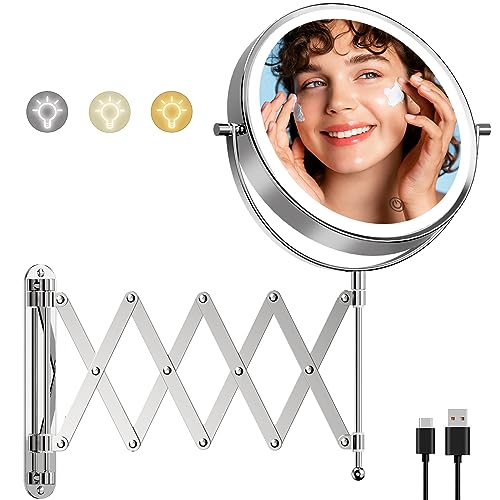 Rechargeable Wall Mounted Lighted Makeup Mirror, 1X/10X Magnifying Mirror with 3 Light Settings, 8 Inch 360° Swivel Extendable Bathroom Mirror, Double Sided Telescoping Mesh Vanity Mirror - Chrome