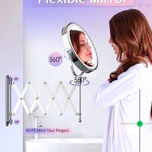 Rechargeable Wall Mounted Lighted Makeup Mirror, 1X/10X Magnifying Mirror with 3 Light Settings, 8 Inch 360° Swivel Extendable Bathroom Mirror, Double Sided Telescoping Mesh Vanity Mirror - Chrome