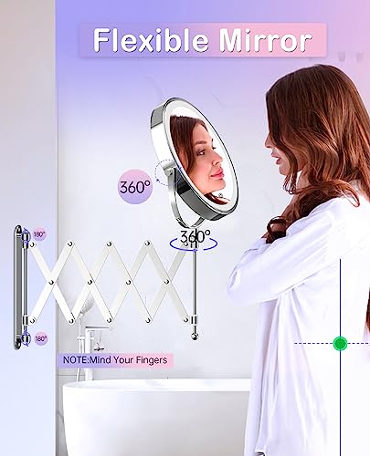 Rechargeable Wall Mounted Lighted Makeup Mirror, 1X/10X Magnifying Mirror with 3 Light Settings, 8 Inch 360° Swivel Extendable Bathroom Mirror, Double Sided Telescoping Mesh Vanity Mirror - Chrome