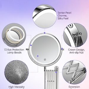 Rechargeable Wall Mounted Lighted Makeup Mirror, 1X/10X Magnifying Mirror with 3 Light Settings, 8 Inch 360° Swivel Extendable Bathroom Mirror, Double Sided Telescoping Mesh Vanity Mirror - Chrome