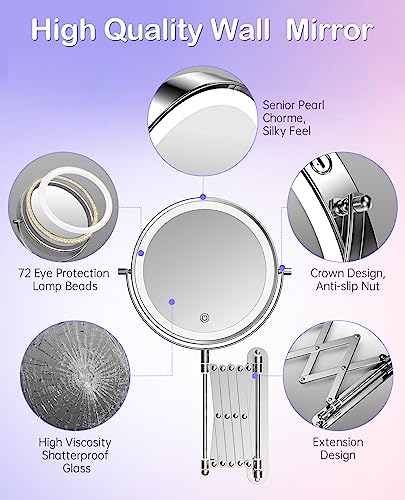 Rechargeable Wall Mounted Lighted Makeup Mirror, 1X/10X Magnifying Mirror with 3 Light Settings, 8 Inch 360° Swivel Extendable Bathroom Mirror, Double Sided Telescoping Mesh Vanity Mirror - Chrome