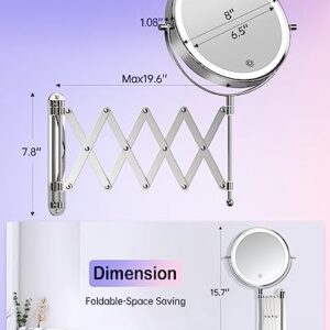 Rechargeable Wall Mounted Lighted Makeup Mirror, 1X/10X Magnifying Mirror with 3 Light Settings, 8 Inch 360° Swivel Extendable Bathroom Mirror, Double Sided Telescoping Mesh Vanity Mirror - Chrome