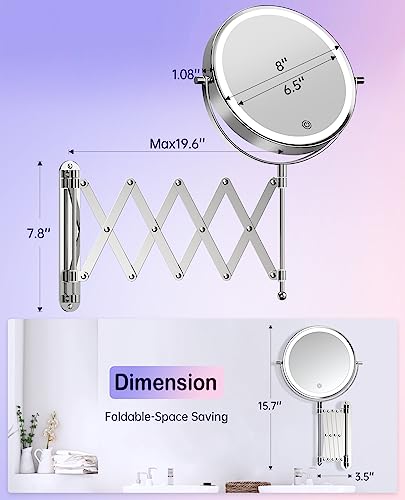 Rechargeable Wall Mounted Lighted Makeup Mirror, 1X/10X Magnifying Mirror with 3 Light Settings, 8 Inch 360° Swivel Extendable Bathroom Mirror, Double Sided Telescoping Mesh Vanity Mirror - Chrome