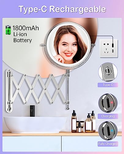 Rechargeable Wall Mounted Lighted Makeup Mirror, 1X/10X Magnifying Mirror with 3 Light Settings, 8 Inch 360° Swivel Extendable Bathroom Mirror, Double Sided Telescoping Mesh Vanity Mirror - Chrome