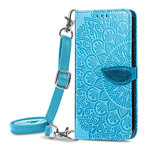 ONV Wallet Case for Oppo A12-1.5M Adjustable Strap Emboss Feather Flip Phone Case Card Slot Magnet Leather Shell Flip Stand Cover for Oppo A7 / Oppo A5S / Oppo AX5S / Oppo A12 [MZY] -Blue