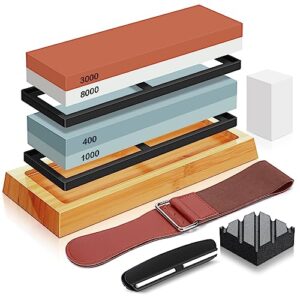 knife sharpening stone kit, sharpening stone 4 side grit 400/1000 3000/8000 waterstone, includes leather strop, bamboo base, flattening stone, slip rubber bases, and angle guide