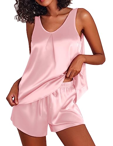 Ekouaer Tank Top Shorts Pajama Set Womens Silk Sleepwear Summer Cool Lounge Set Satin Pjs Cute Nightie Set (Pink,XL)