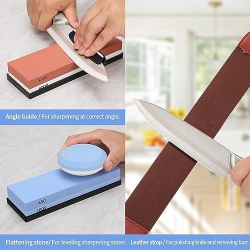 Whetstone Knife Sharpening Stone Kit, Professional Whetstone Knife Sharpener, Premium 4 Side Grit 400/1000 3000/8000 Waterstone, Sharpening Stone Set with Flattening Stone, Angle Guide, Leather Strop