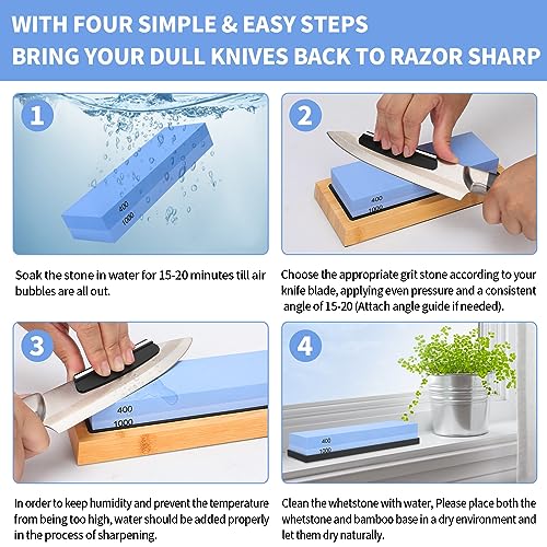 Whetstone Knife Sharpening Stone Kit, Professional Whetstone Knife Sharpener, Premium 4 Side Grit 400/1000 3000/8000 Waterstone, Sharpening Stone Set with Flattening Stone, Angle Guide, Leather Strop