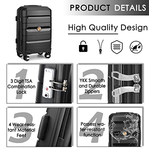 Somago 2 Piece Luggage Set Carry On Suitcase 20 INCH Lightweight Hard Shell PP Suitcase with TSA Lock Spinner Wheel 22x14x9 Airline Approved (Classic Black)