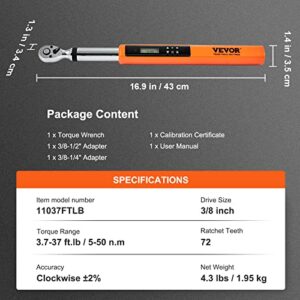 VEVOR Digital Torque Wrench, 3/8" Drive Electronic Torque Wrench, Torque Wrench Kit 3.7-37ft.lb/5-50n.m Torque Range Accurate to ±2%, 3-Mode Adjustable Torque Wrench Set with LED Buzzer Calibration