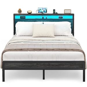 homieasy full size bed frame with charging station and led lights, industrial metal platform bed with storage headboard, steel slat support, no box spring needed, noise-free, black oak