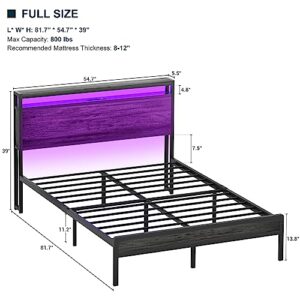 Homieasy Full Size Bed Frame with Charging Station and Led Lights, Industrial Metal Platform Bed with Storage Headboard, Steel Slat Support, No Box Spring Needed, Noise-Free, Black Oak