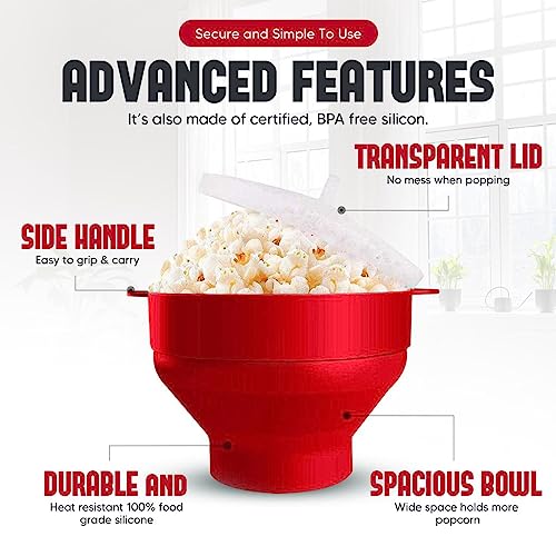 Premium Popcorn Maker Silicone Microwave Popcorn Popper, Collapsible Bowl Design for Easy Storage, BPA Free Microwave Popcorn Popper with Lid - No Oil Required, Healthy & Eco-Friendly (Pink)