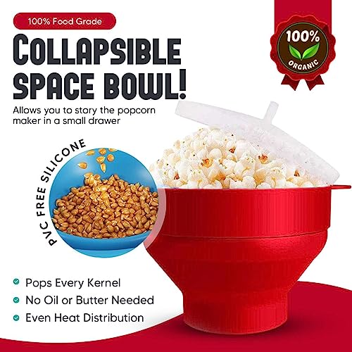 Premium Popcorn Maker Silicone Microwave Popcorn Popper, Collapsible Bowl Design for Easy Storage, BPA Free Microwave Popcorn Popper with Lid - No Oil Required, Healthy & Eco-Friendly (Pink)