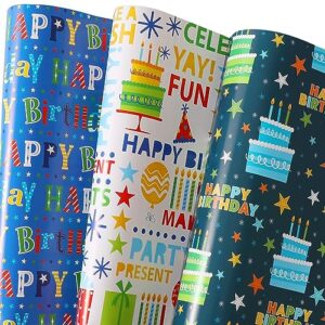 bolianne birthday wrapping paper - gift wrapping paper for boys girls kids men women with happy birthday, cakes, 6 large sheets gift wrap for baby shower, folded flat, 27 x 37 inch