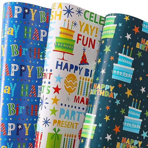 BOLIANNE Birthday Wrapping Paper - Gift Wrapping Paper for Boys Girls Kids Men Women with Happy Birthday, Cakes, 6 Large Sheets Gift Wrap for Baby Shower, Folded Flat, 27 X 37 Inch