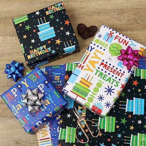 BOLIANNE Birthday Wrapping Paper - Gift Wrapping Paper for Boys Girls Kids Men Women with Happy Birthday, Cakes, 6 Large Sheets Gift Wrap for Baby Shower, Folded Flat, 27 X 37 Inch