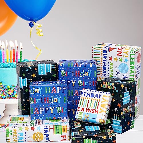 BOLIANNE Birthday Wrapping Paper - Gift Wrapping Paper for Boys Girls Kids Men Women with Happy Birthday, Cakes, 6 Large Sheets Gift Wrap for Baby Shower, Folded Flat, 27 X 37 Inch